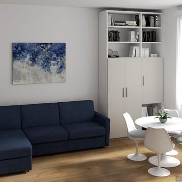 Design for living room with sofa and round table - render